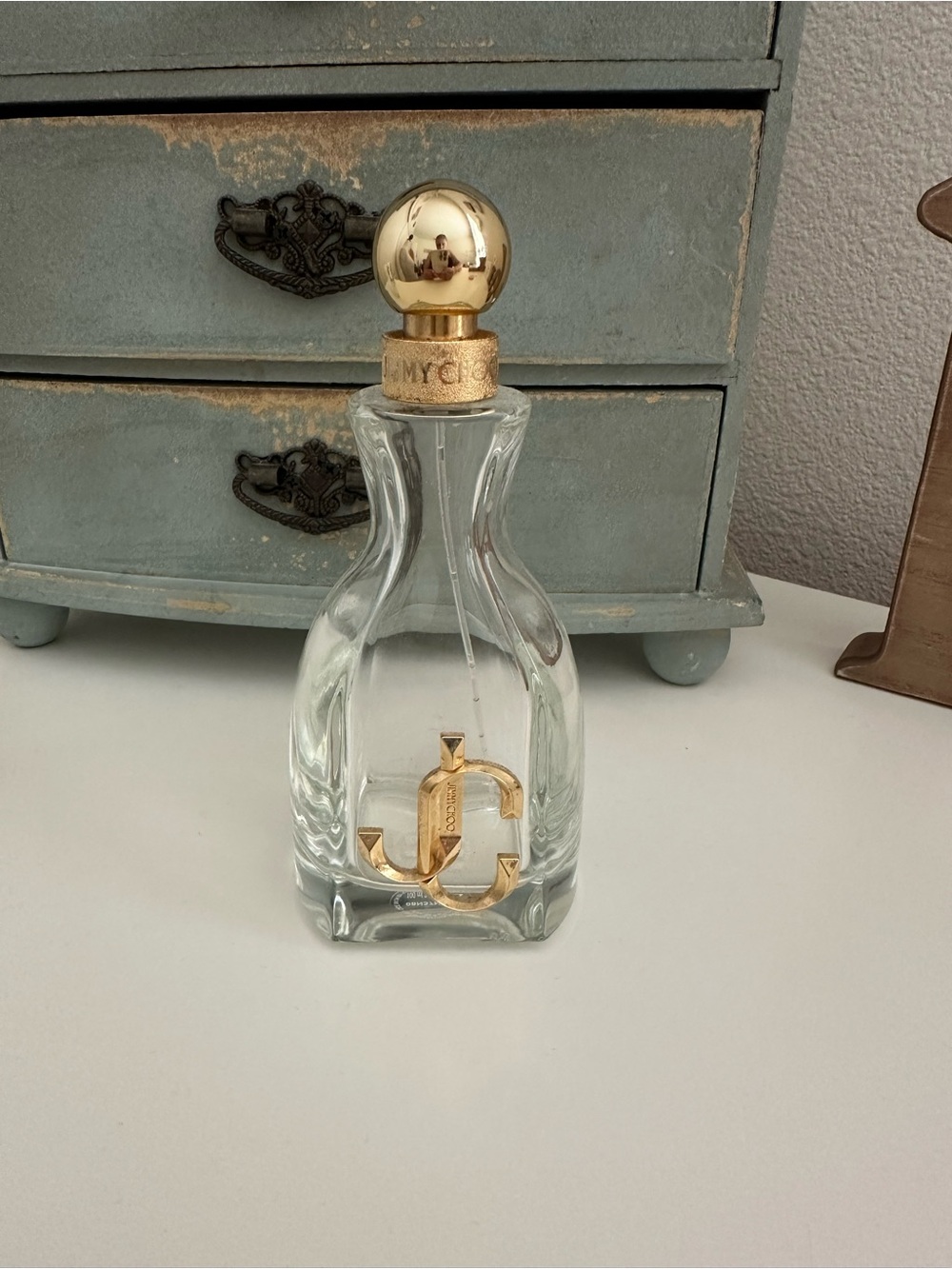 Jimmy Choo Clear Glass Perfume Bottle with Gold Accents and JC Logo
